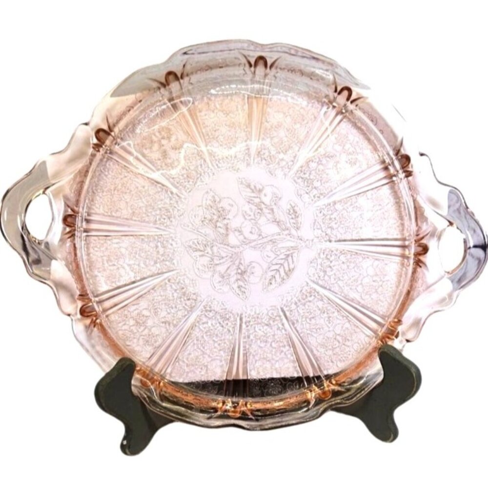 VTG Jeannette Floral Pink Depression Glass Poinsettia 13 in platter with handles